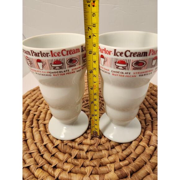 Vintage Ice Cream Parlor Set Of 2 Milk Shake Cups Glasses Tall Footed 6" Multi - Picture 8 of 9